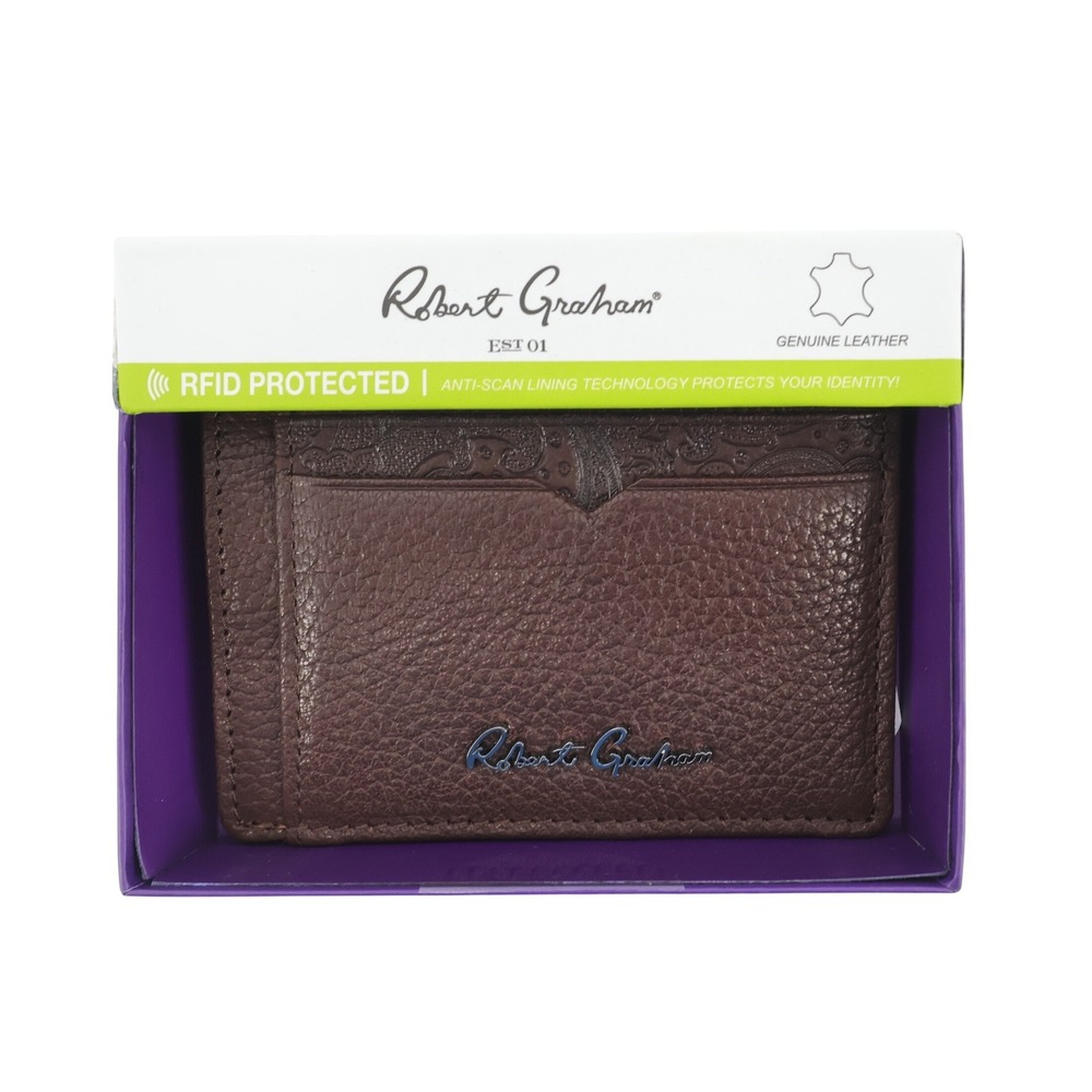 NEW Robert Graham Arvo Brown Leather RFID Card‎ Case Wallet RG204278